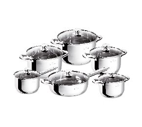 סט בישול מאובזר 12 חלקים מנירוסטה עם מכסי זכוכית